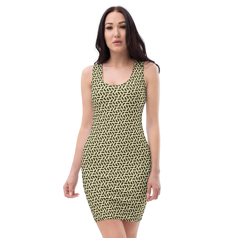 Image of woman wearing Apricot White Geo Allover Print Casual Fitted Dress from Parnova Store