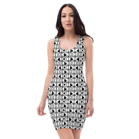 Image of woman wearing Black And White Geo Print Casual Fitted Dress from Parnova Store