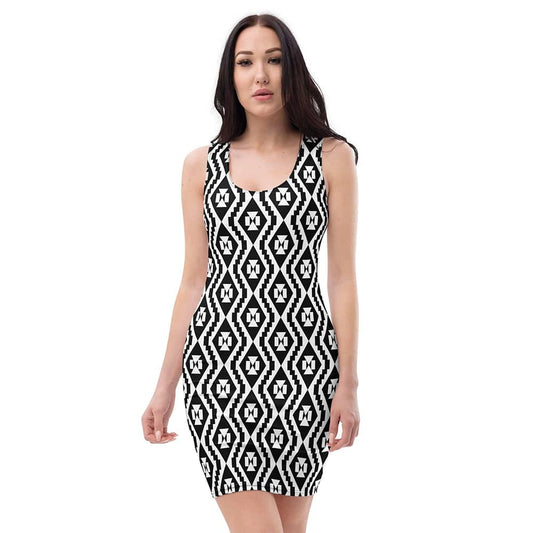 Image of woman wearing Black And White Large Geo Print Casual Fitted Dress from Parnova Store