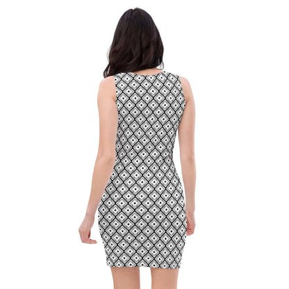 Image of woman wearing Black and White Geo Pattern Casual Fitted Dress from Parnova Store