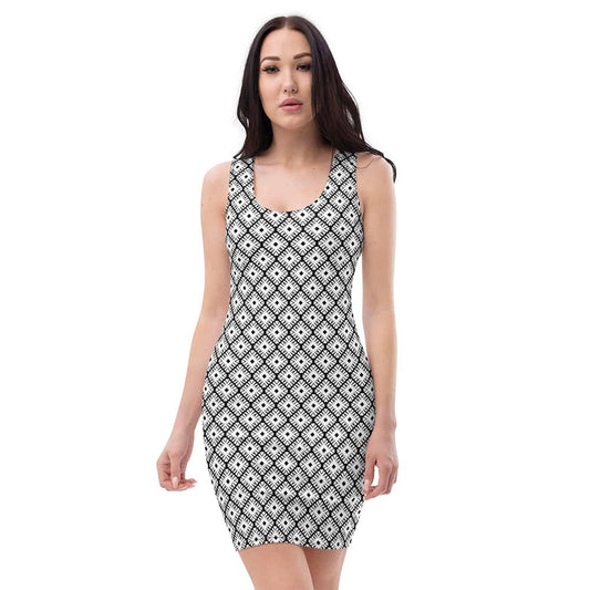 Image of woman wearing Black and White Geo Pattern Casual Fitted Dress from Parnova Store