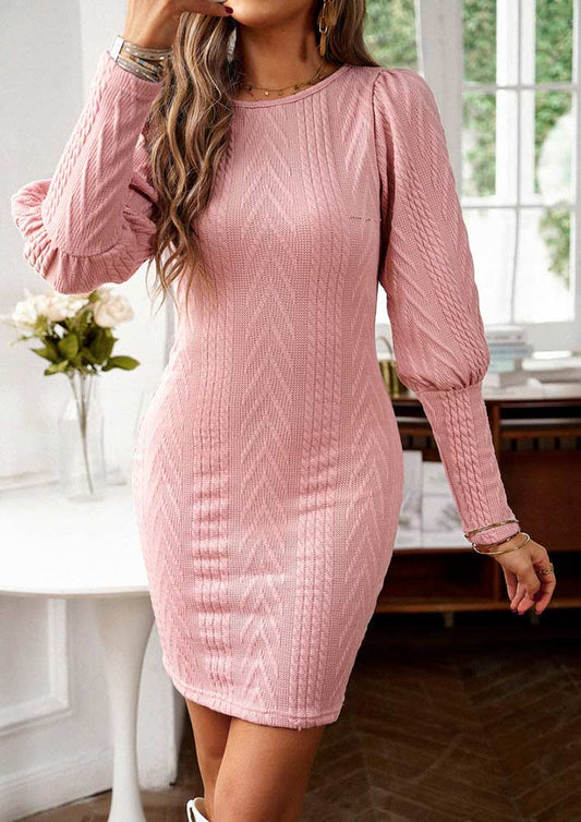 woman wearing Cable-Knit Round Neck Lantern Sleeve Blush Pink Sweater Dress from Parnova.Store