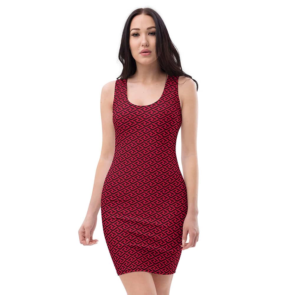 Image of woman wearing Crimson Red Casual Fitted Dress With Greek Geo Pattern from Parnova Store