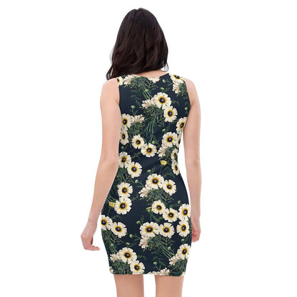 Image of woman wearing Dark Blue With White And Yellow Daisy Floral Casual Fitted Dress from Parnova Store