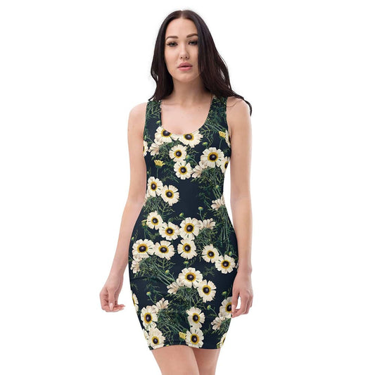 Image of woman wearing Dark Blue With White And Yellow Daisy Floral Casual Fitted Dress from Parnova Store