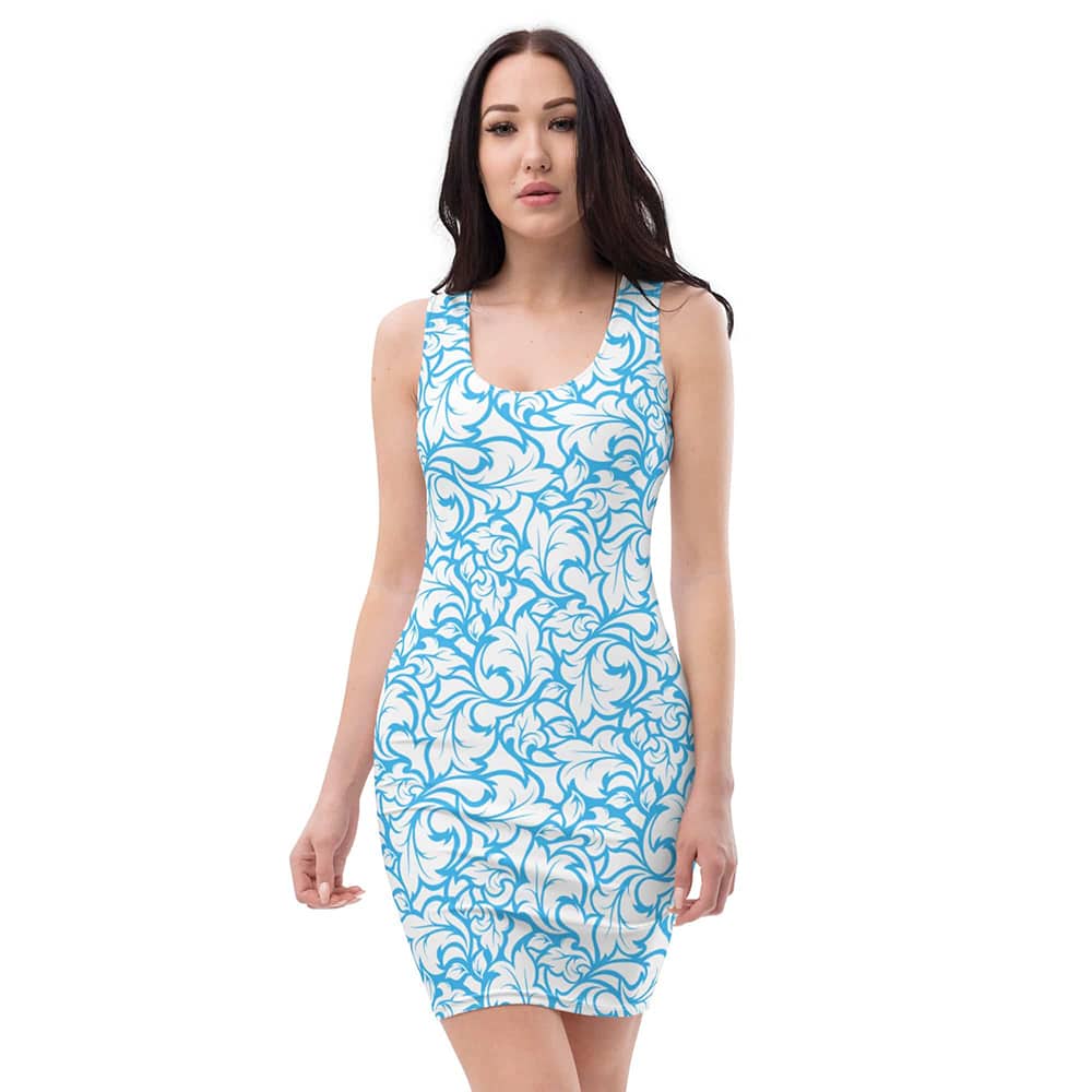 Image of woman wearing Deep Sky Blue White Floral Casual Fitted Dress from Parnova Store