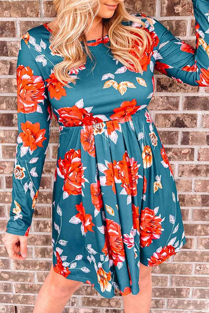 woman wearing Floral Long Sleeve Pleated Detail Dress from Parnova.Store