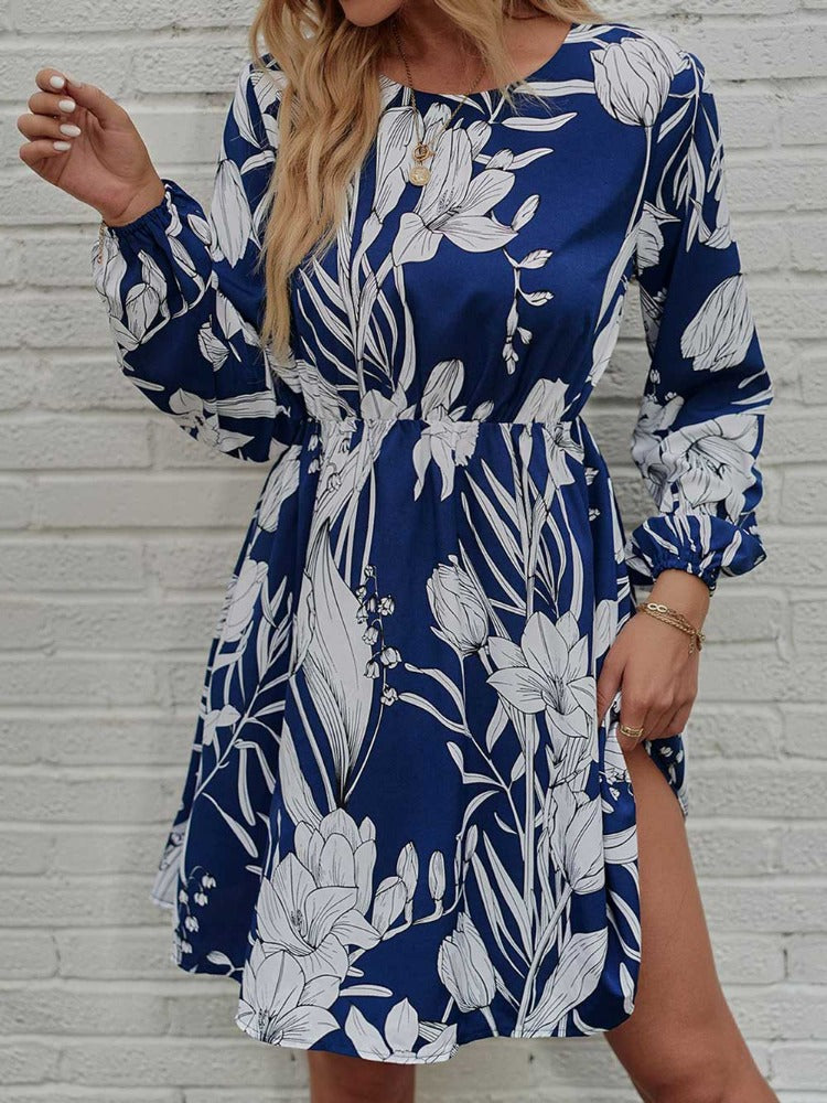 Woman wearing floral round neck long sleeve mini dress from Parnovs Store