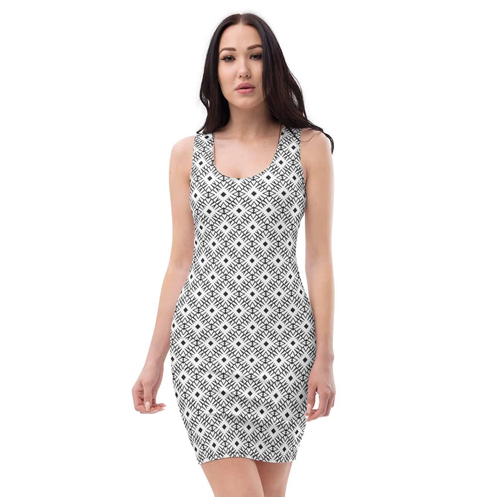 Image of woman wearing Geo Black and White Pattern Casual Fitted Dress from Parnova Store