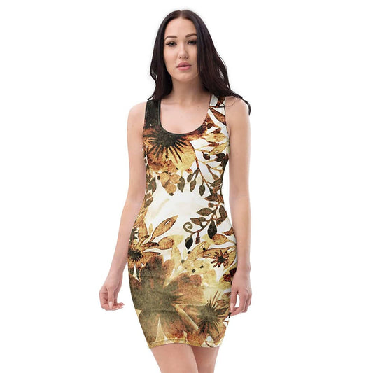 Image of woman wearing Large Leafy Brown Print Casual Fitted Dress from Parnova Store