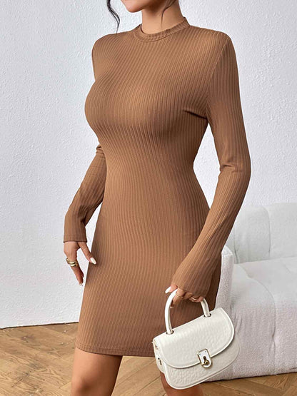 woman wearing tan colored long sleeve ribbed mini dress from Parnova Store