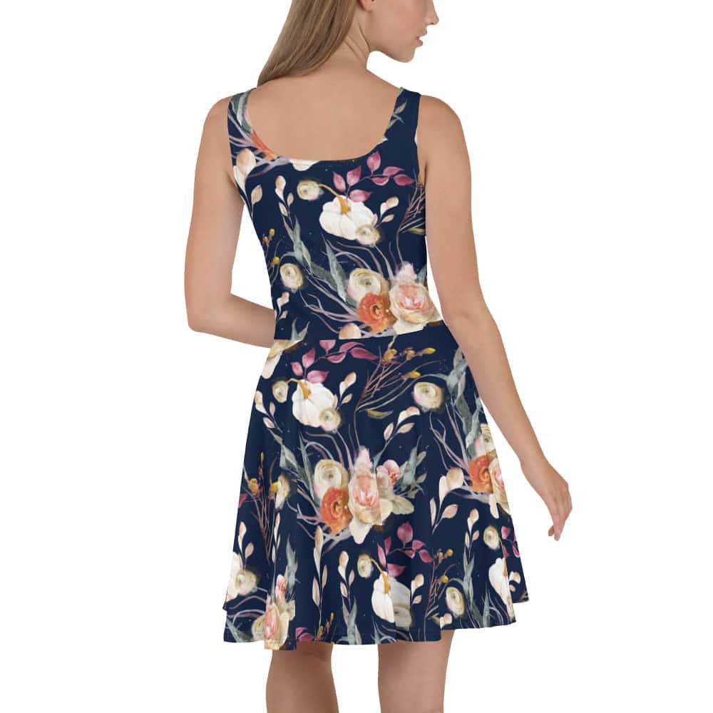 image of woman wearing Navy Blue Floral Boho Skater Dress