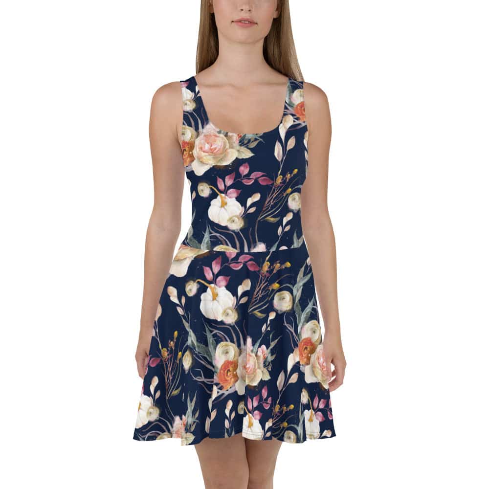 image of woman wearing Navy Blue Floral Boho Skater Dress