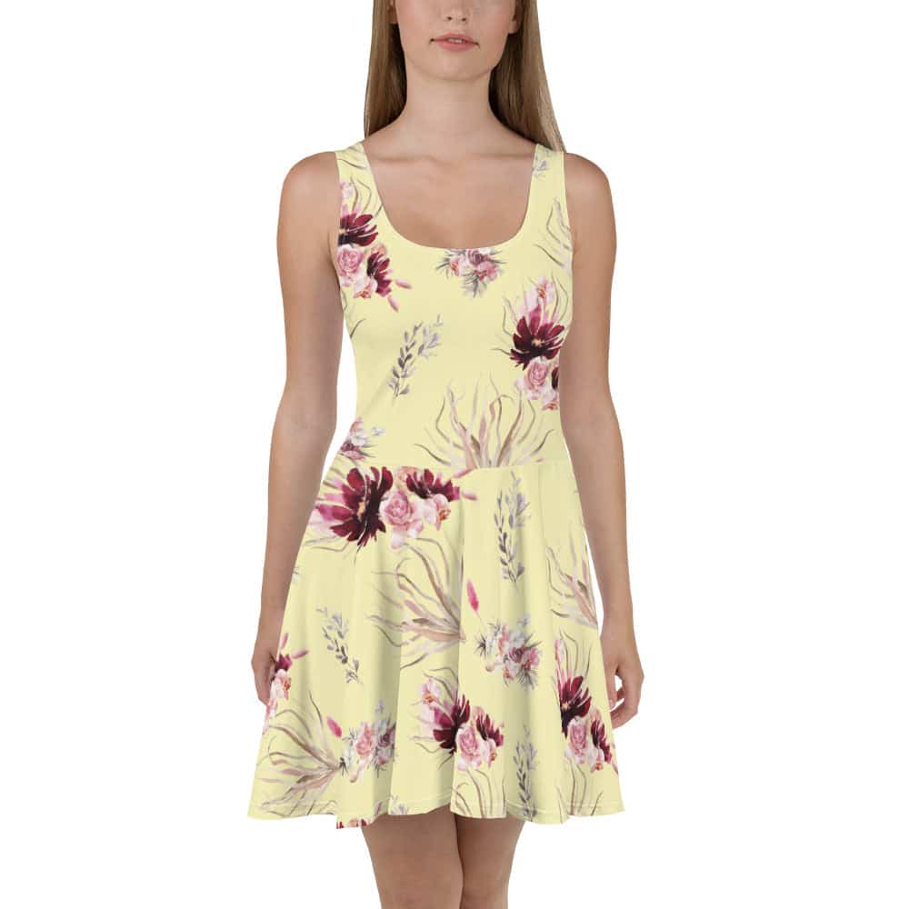 image of woman wearing Cumulus Yellow Floral Boho Skater Dress