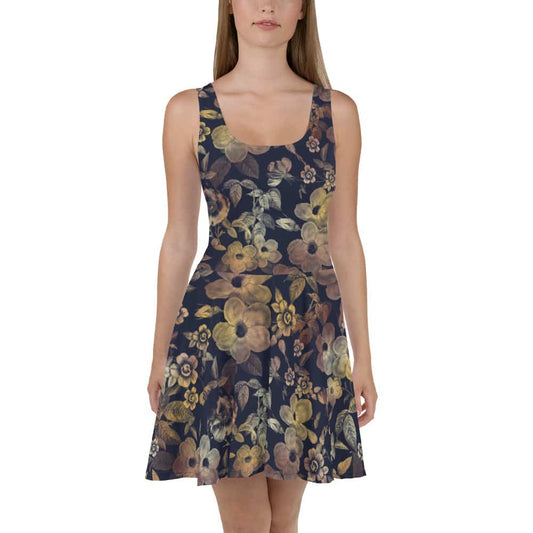 image of woman wearing Gilded Flowers Skater Dress