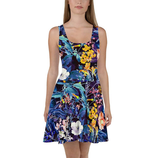 image of a woman wearing Vivid Blue Flowers Skater Dress