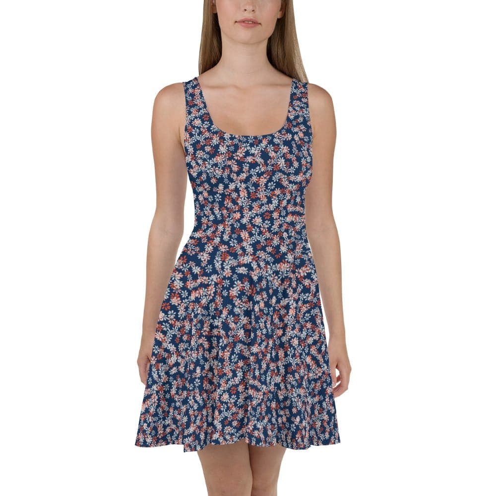 image of woman wearing Blue Ditsy Floral Pattern Skater Dress