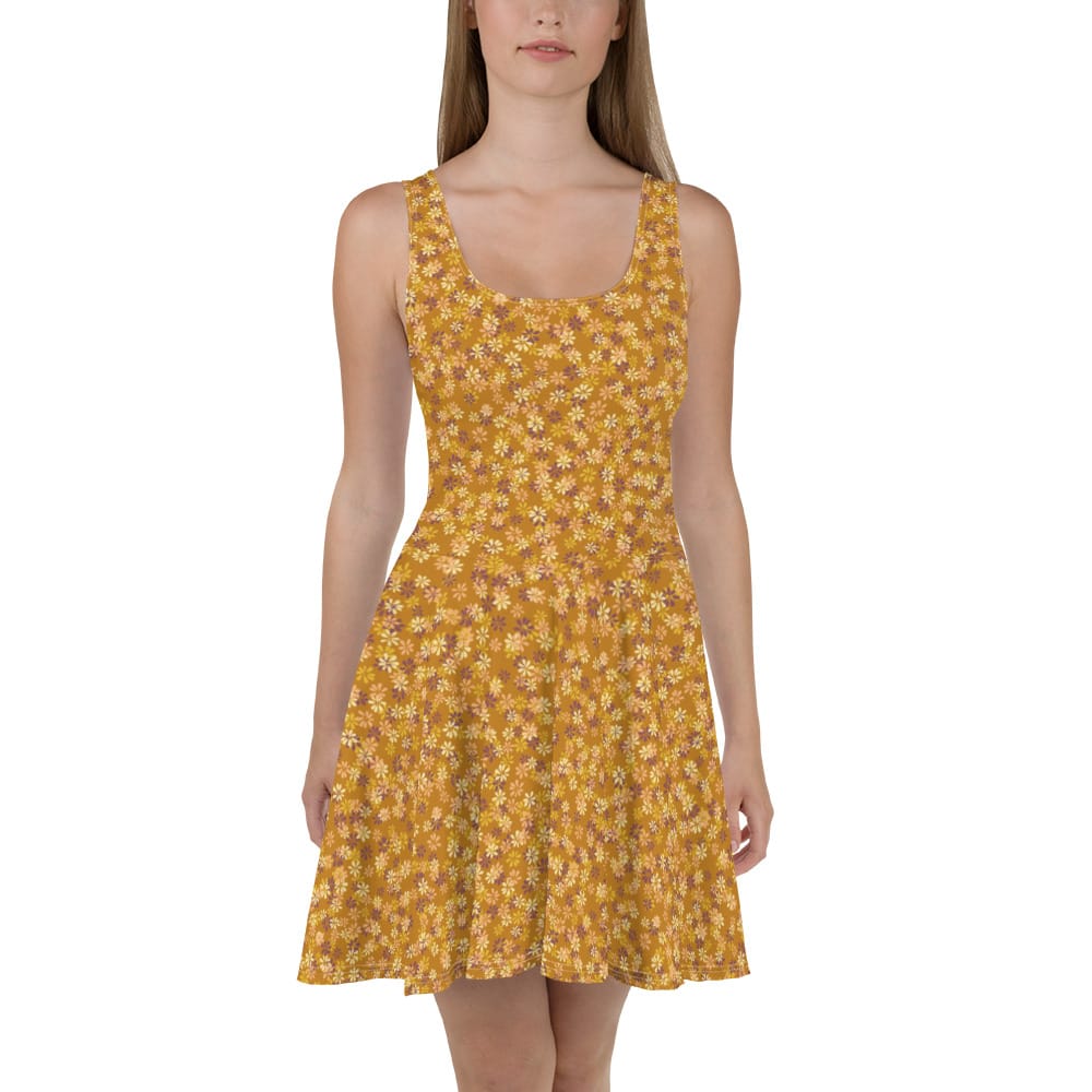 image of a woman wearing Orange Ditsy Floral Pattern Skater Dress