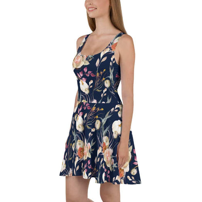 image of woman wearing Navy Blue Floral Boho Skater Dress