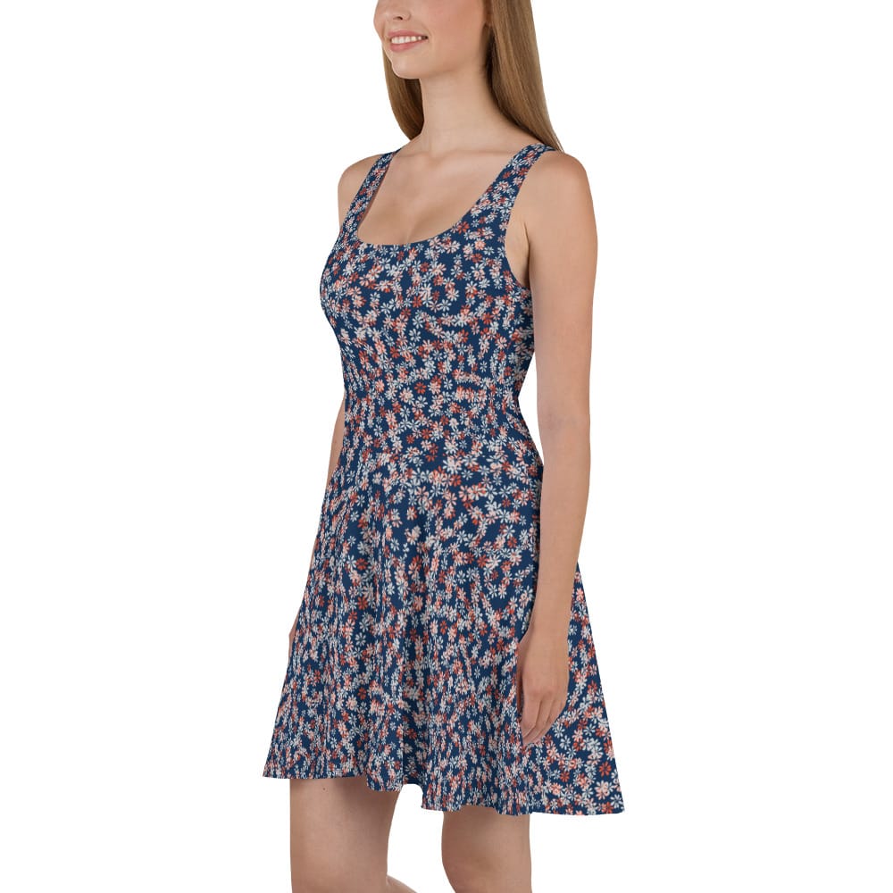 image of woman wearing Blue Ditsy Floral Pattern Skater Dress