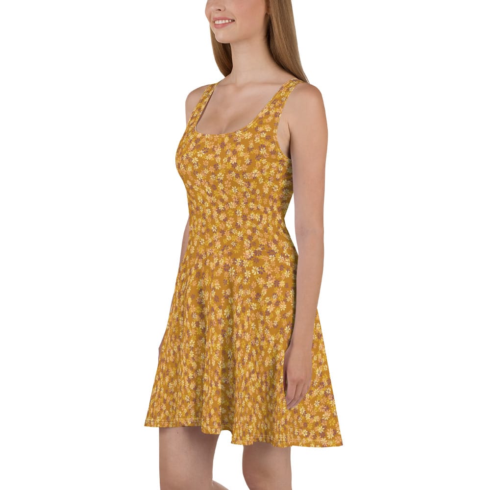 image of a woman wearing Orange Ditsy Floral Pattern Skater Dress