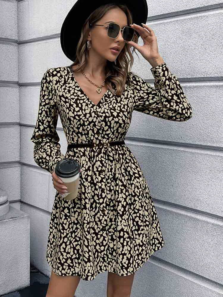 Woman wearing Animal Print Buttoned V-Neck Long Sleeve Black Dress from Parnov.Store