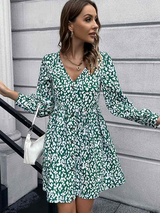 Image of woman wearing Animal Print Buttoned V-Neck Long Sleeve Green Dress from Parnova.Store