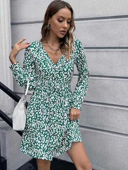 Image of woman wearing Animal Print Buttoned V-Neck Long Sleeve Green Dress from Parnova.Store