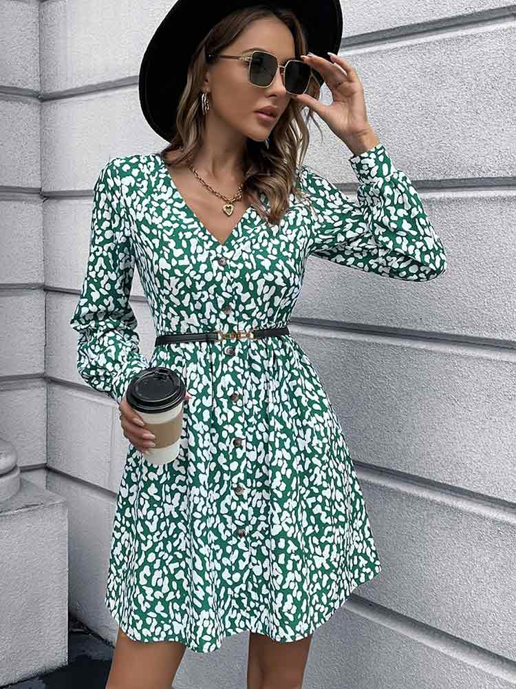 Image of woman wearing Animal Print Buttoned V-Neck Long Sleeve Green Dress from Parnova.Store