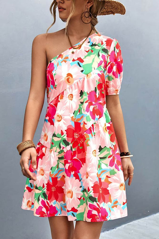 Woman wearing Floral One-Shoulder Puff Sleeve Coral Dress from Parnova.Store