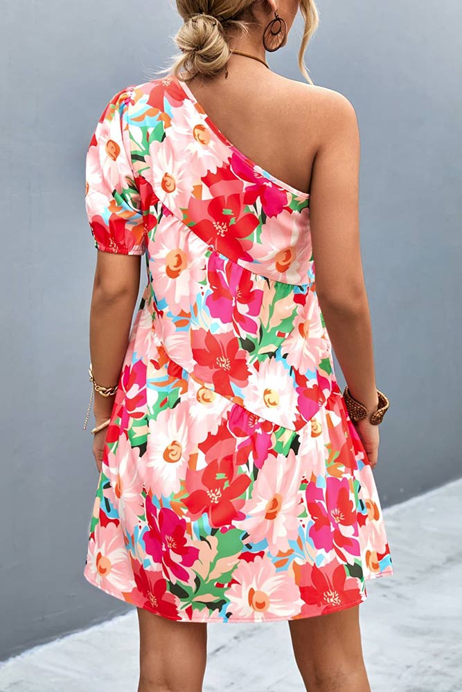 Woman wearing Floral One-Shoulder Puff Sleeve Coral Dress from Parnova.Store