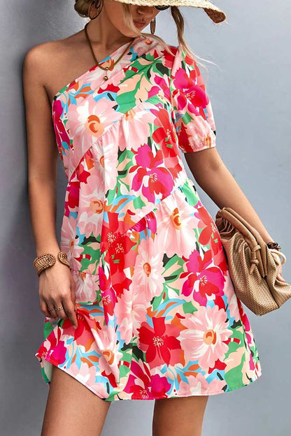 Woman wearing Floral One-Shoulder Puff Sleeve Coral Dress from Parnova.Store