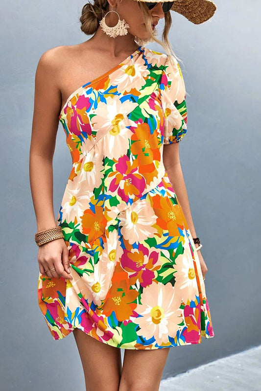 Woman wearing Floral One-Shoulder Puff Sleeve Sherbet Dress from Parnova.Store