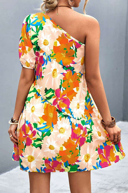 Woman wearing Floral One-Shoulder Puff Sleeve Sherbet Dress from Parnova.Store