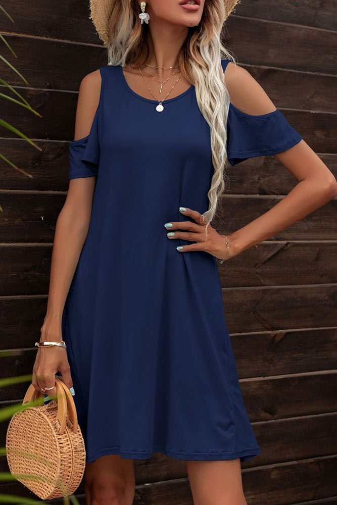 Woman wearing Floral Round Neck Cold-Shoulder Dark Navy Dress by Parnova.Store