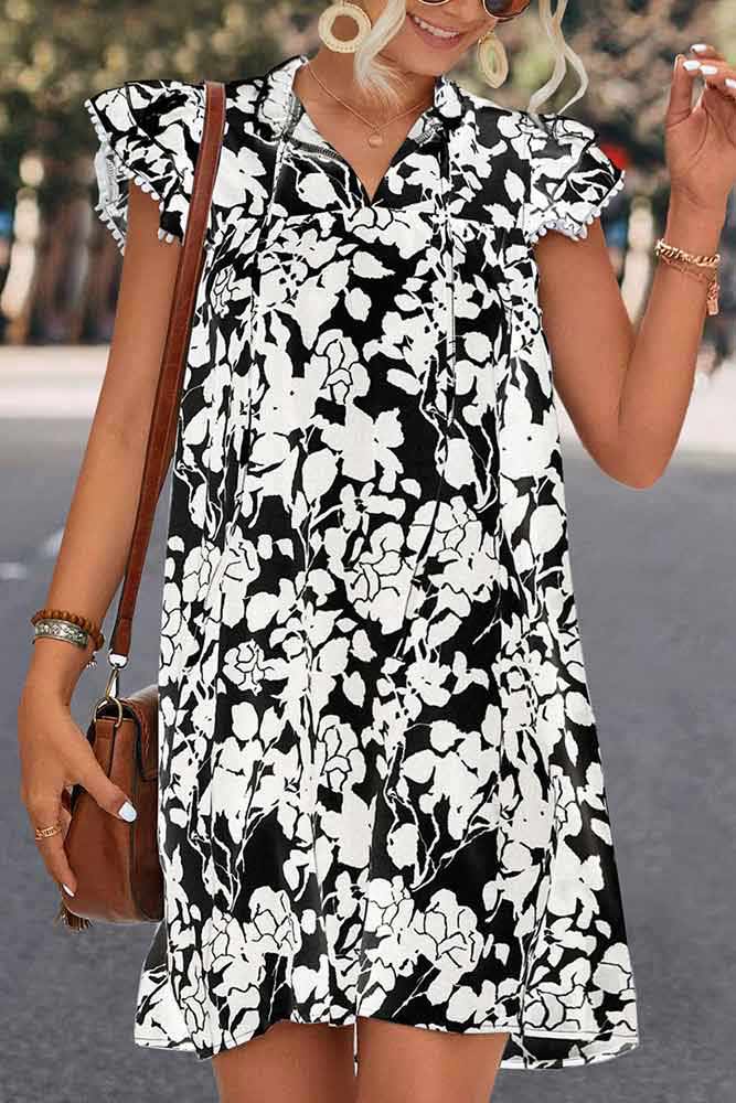 Woman wearing Floral Tie Neck Butterfly Sleeve Dress by Parnova.Store