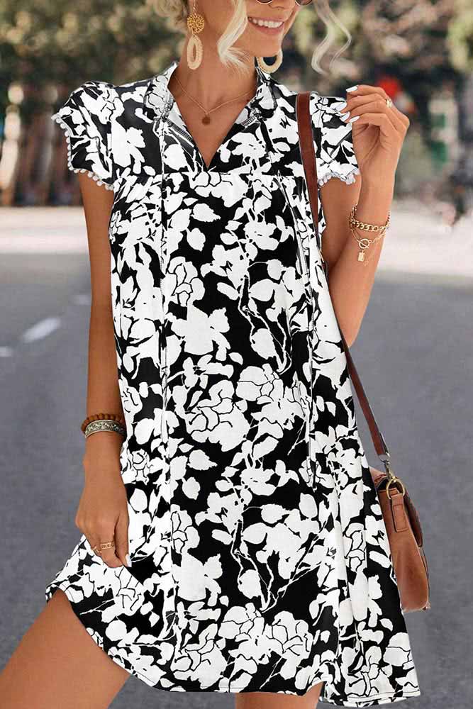 Woman wearing Floral Tie Neck Butterfly Sleeve Dress by Parnova.Store