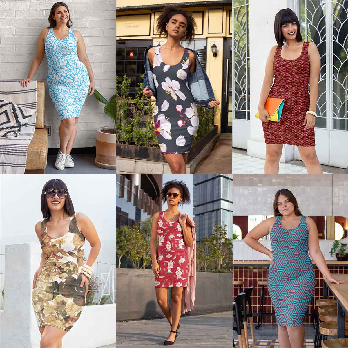 Image of six women wearing Casual Fitted Bodycon Dresses from the new Parnova.Store range.