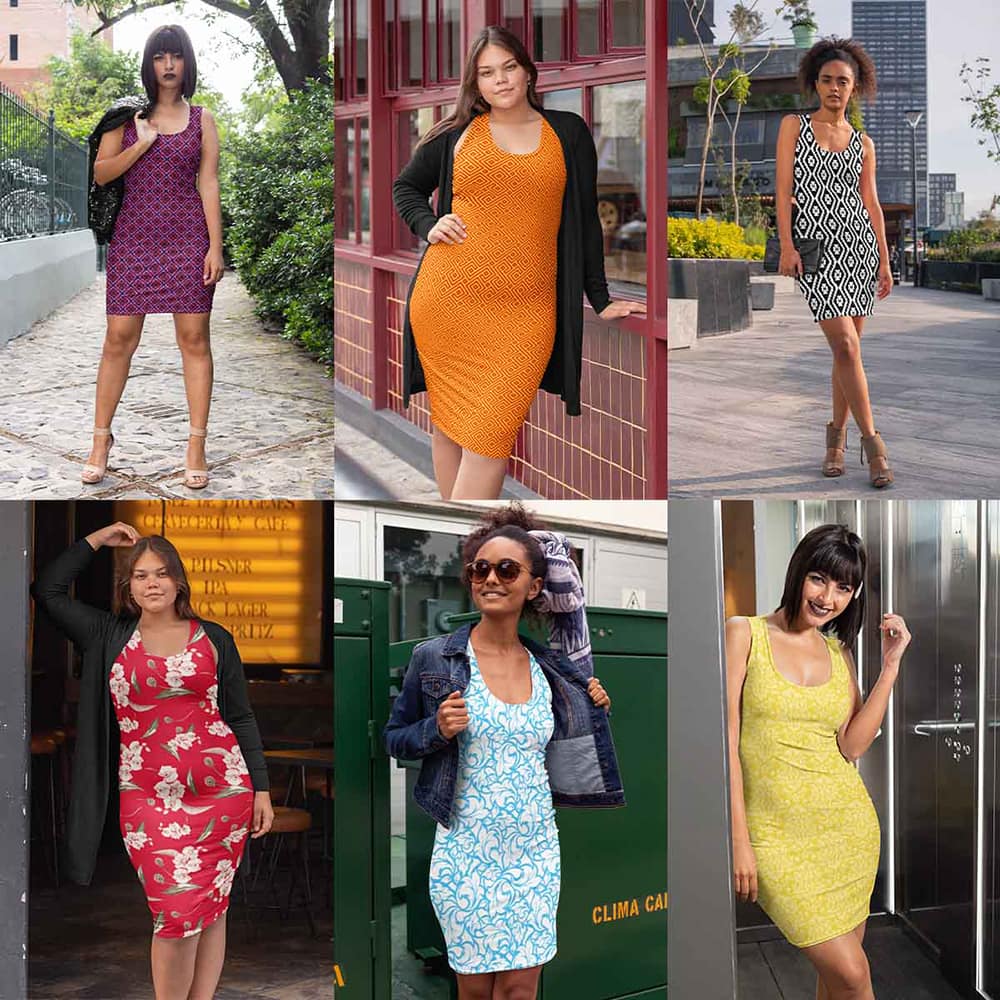Image of six women wearing Bodycon Casual Fitted Dresses from the new Parnova.Store range.