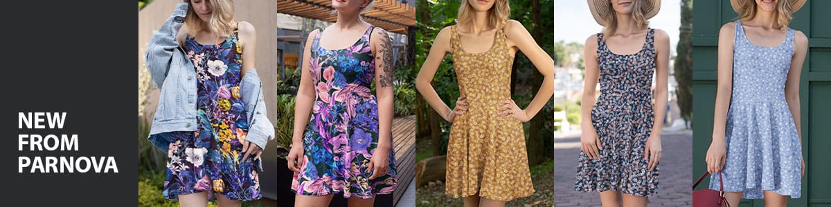 image of five women wearing sleeveless skater dresses from Parnova Store