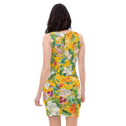 Image of woman wearing Yellow With Large Floral Print Casual Fitted Dress from Parnova Store