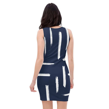 Image of woman wearing Navy Blue Casual Fitted Dress With Large White Stripes from Parnova Store