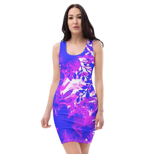 Image of woman wearing Leafy Purple Neon Floral Print Casual Fitted Dress from Parnova Store