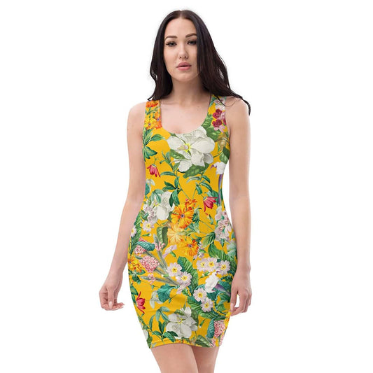 Image of woman wearing Yellow With Large Floral Print Casual Fitted Dress from Parnova Store