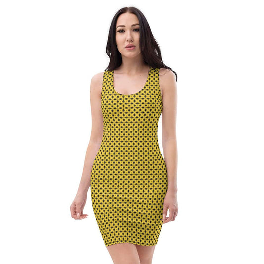 Image of woman wearing Yellow And Black Geo Print Casual Fitted Dress from Parnova Store