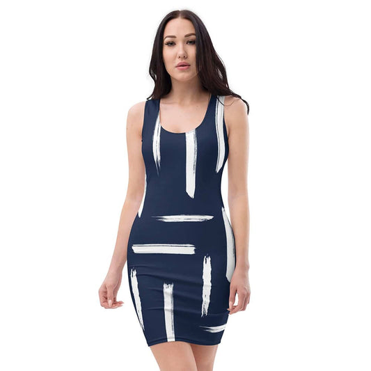 Image of woman wearing Navy Blue Casual Fitted Dress With Large White Stripes from Parnova Store