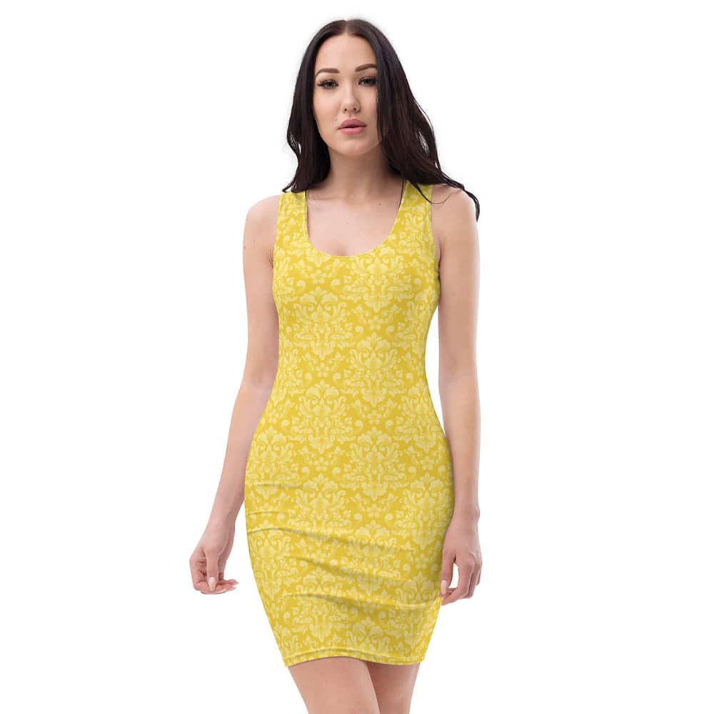 Image of woman wearing Lemon Yellow Damask Casual Fitted Dress from Parnova Store