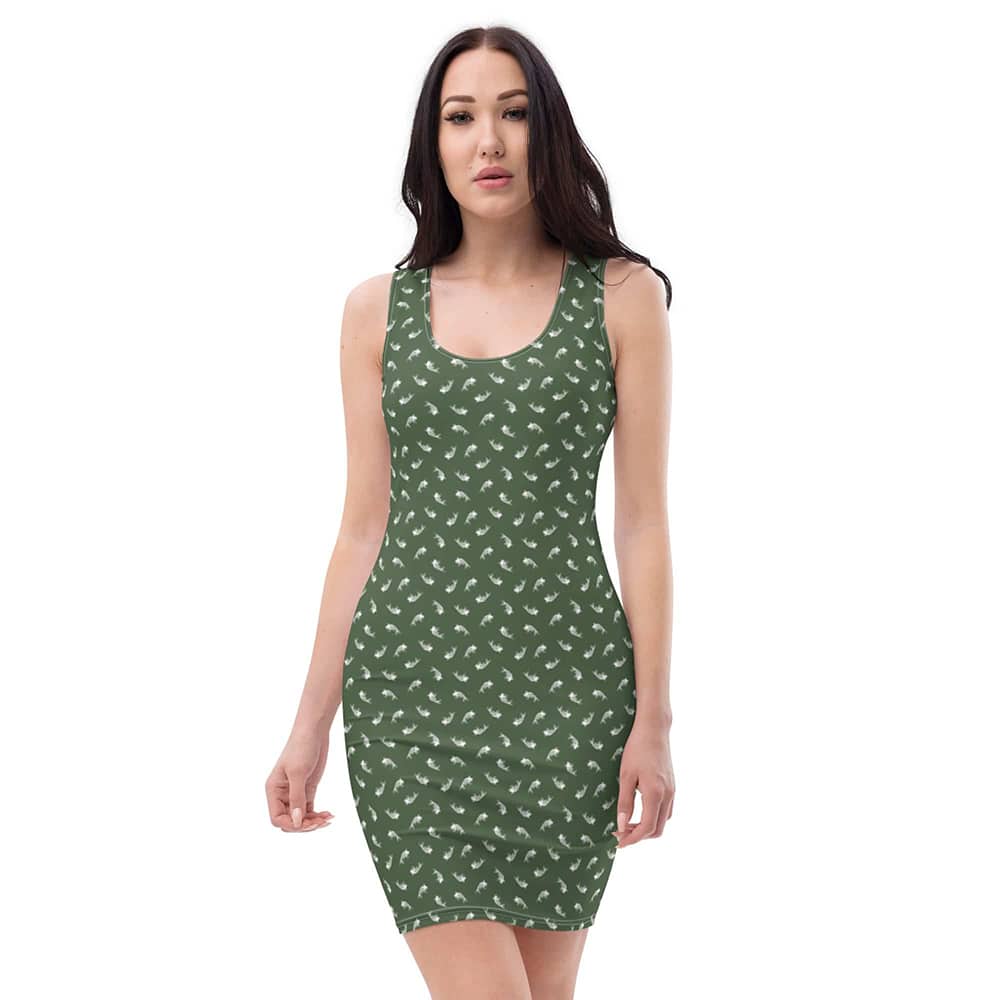 Image of woman wearing Tom Thumb Green With Japanese Koi Fish Casual Fitted Dress from Parnova Store