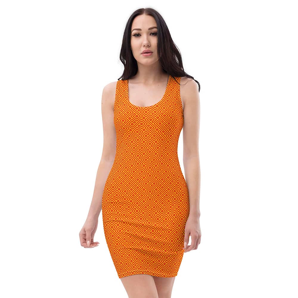 Image of woman wearing Orange Stylish Abstract Geo Pattern Casual Fitted Dress from Parnova Store