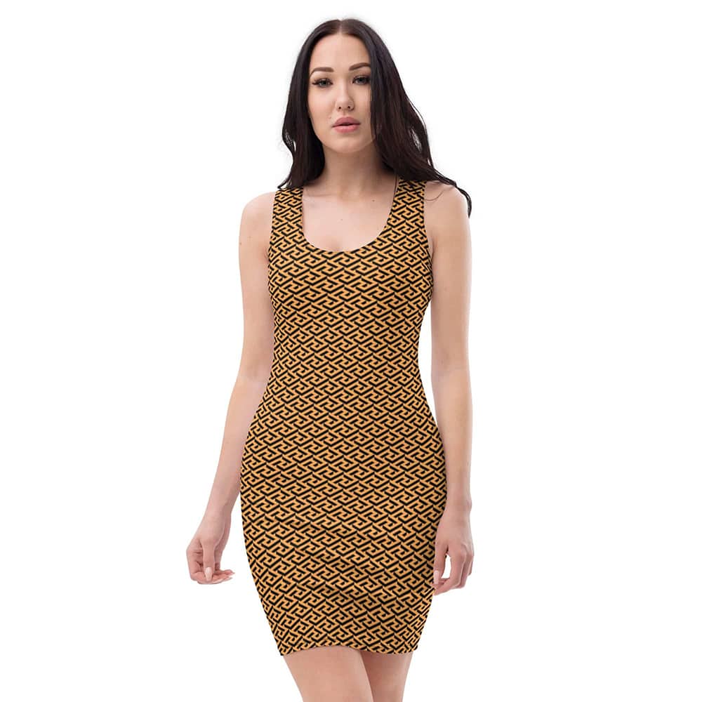 Image of woman wearing Texas Rose Orange Casual Fitted Dress With Greek Geo Pattern from Parnova Store